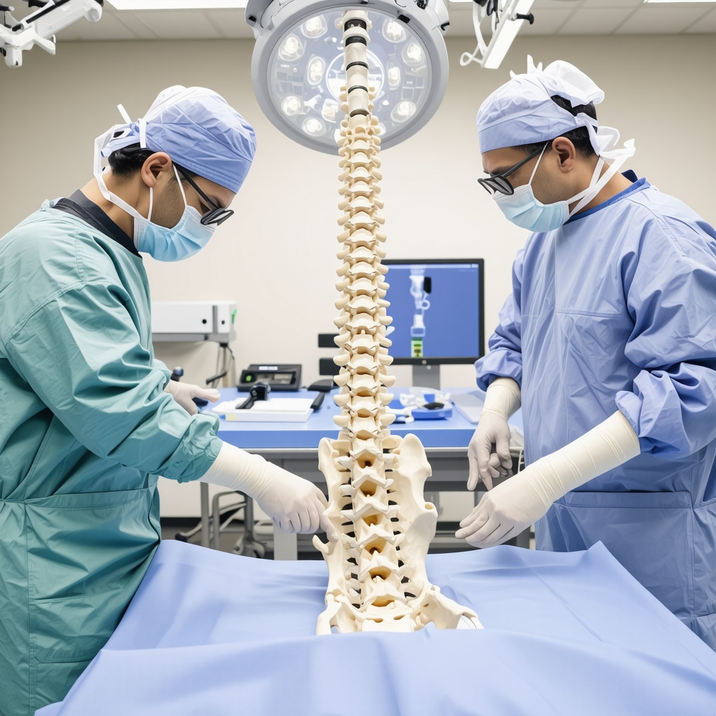 Surgeon examining a 3D-printed spine model with robotic surgical tools in a state-of-the-art operating room