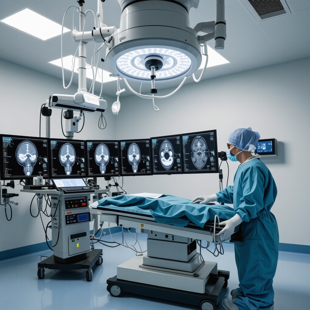 Spine surgeon utilizing AI-assisted robotic tools with digital spinal imaging in operating room