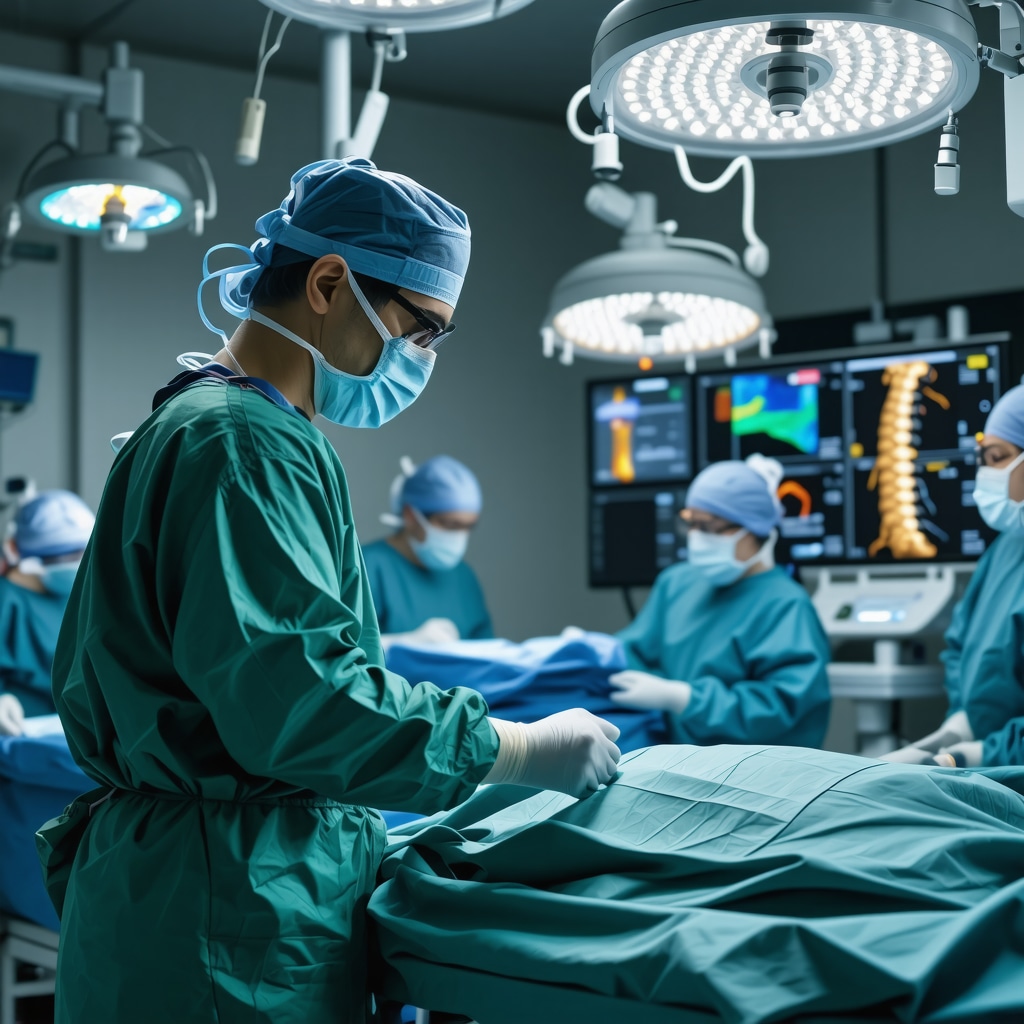 Surgeon performing AI-assisted robotic spine surgery with 3D imaging and collaborative medical team