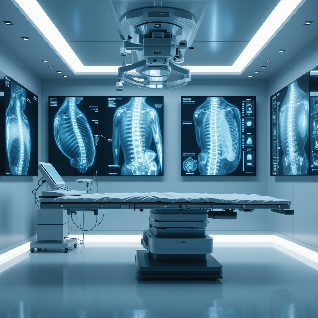 High-tech spine surgery planning room displaying 3D spinal models and AI analytics