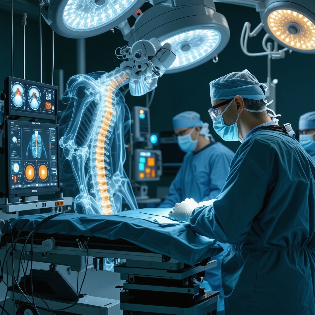 Surgeon using AI-enhanced robotic spine surgery system with holographic spinal images and augmented reality in operating room