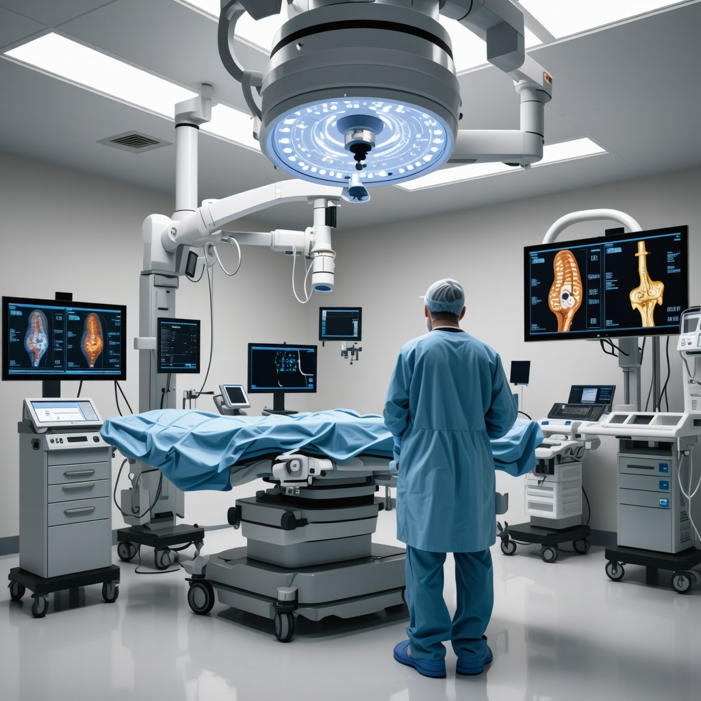 Orthopedic spine surgeons utilizing AI and robotic-assisted technology in a modern New Jersey surgical suite