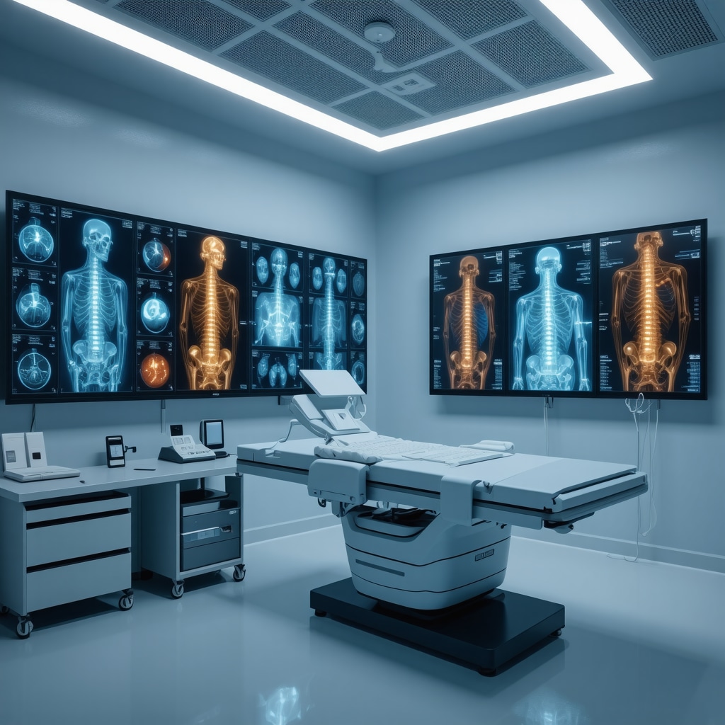 Medical professionals performing AI-assisted spine injury evaluation with advanced imaging and data analytics