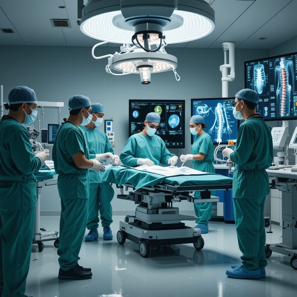 Spine surgeon using AI imaging and robotic tools with medical team collaborating in a high-tech surgical environment