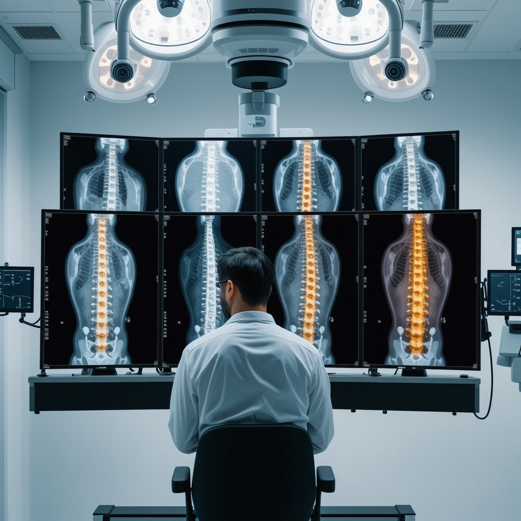 Surgeon reviewing AI-enhanced 3D spinal images on monitors in a surgical planning room