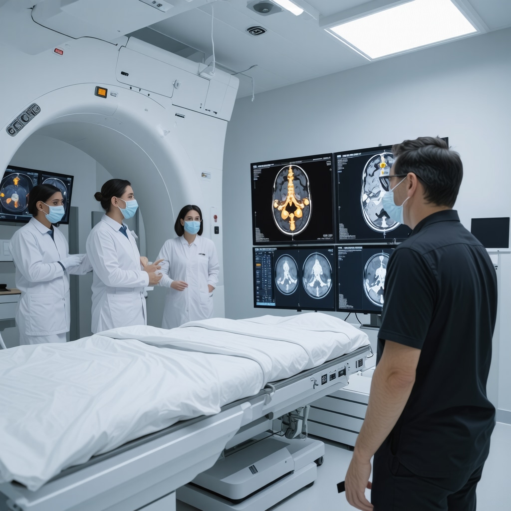 Spine specialists analyzing advanced MRI and CT images for complex spinal trauma in a multidisciplinary setting