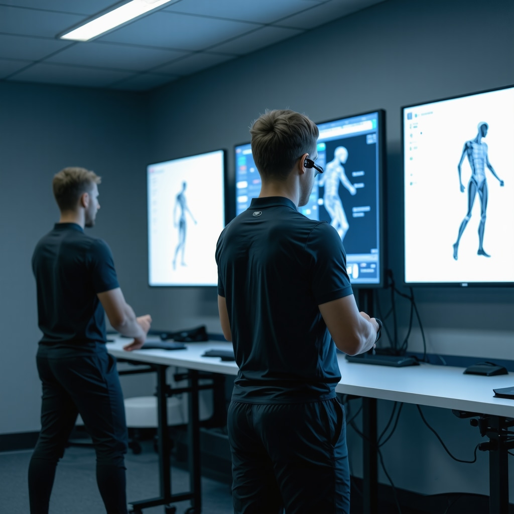 Athlete undergoing 3D motion capture in a biomechanics lab with spine movement visualizations