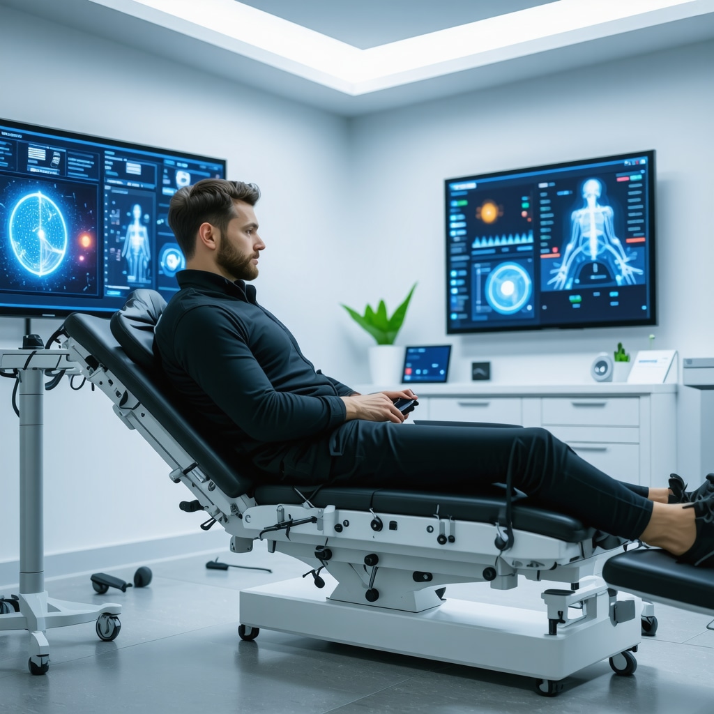 Patient undergoing spine rehabilitation in NJ clinic with wearable sensors and AI data analytics screens