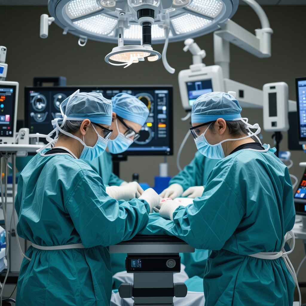 Orthopedic spine surgeons operating with AI and robotic assistance in a modern surgical environment