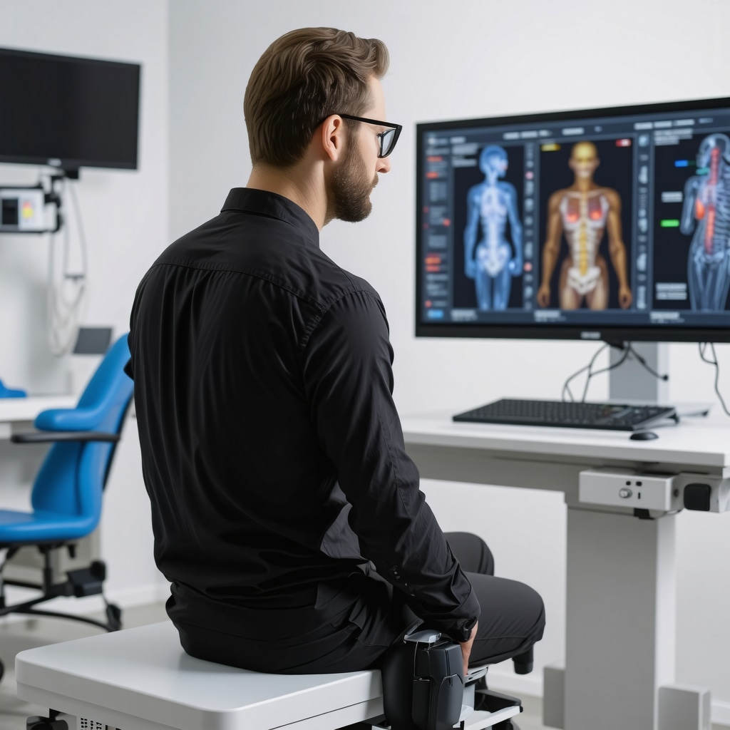 Patient with wearable spine sensors and clinician reviewing AI biomechanical data on screen