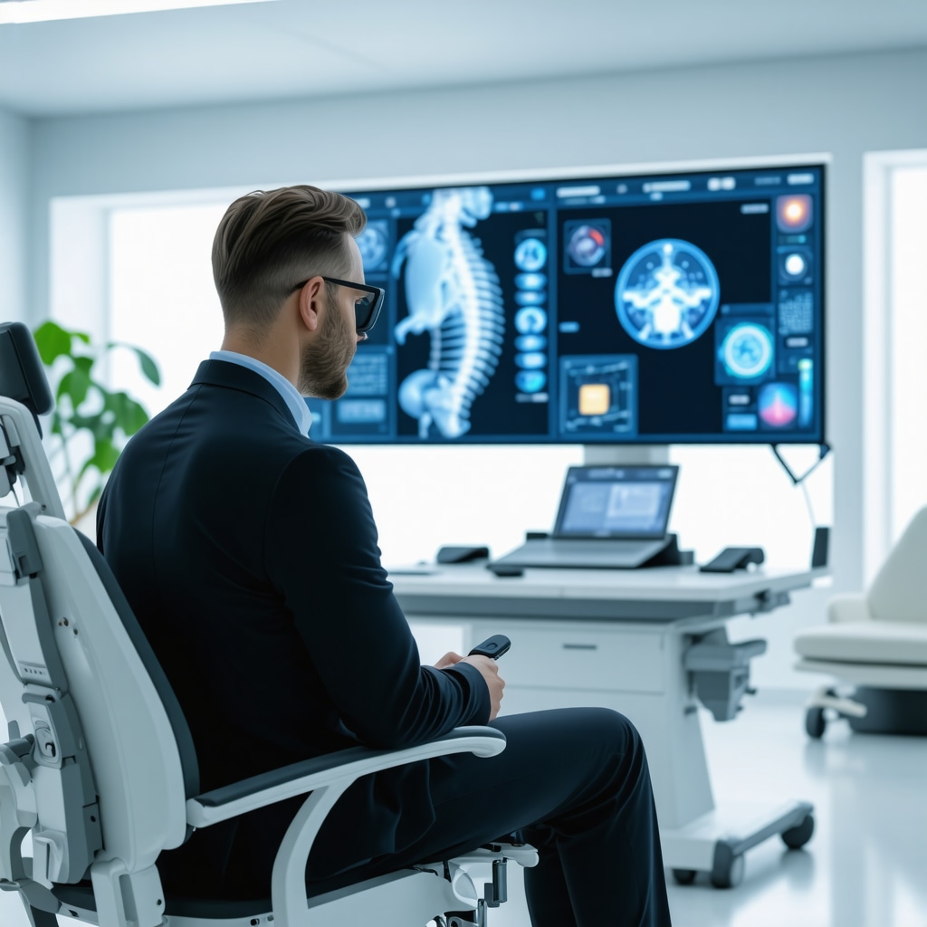 Patient consulting with spine surgeon using AI and augmented reality technology in New Jersey clinic