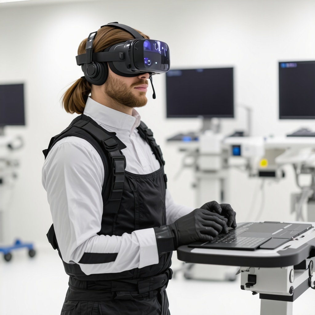 Patient undergoing virtual reality-assisted rehabilitation with AI sensors in a modern clinic