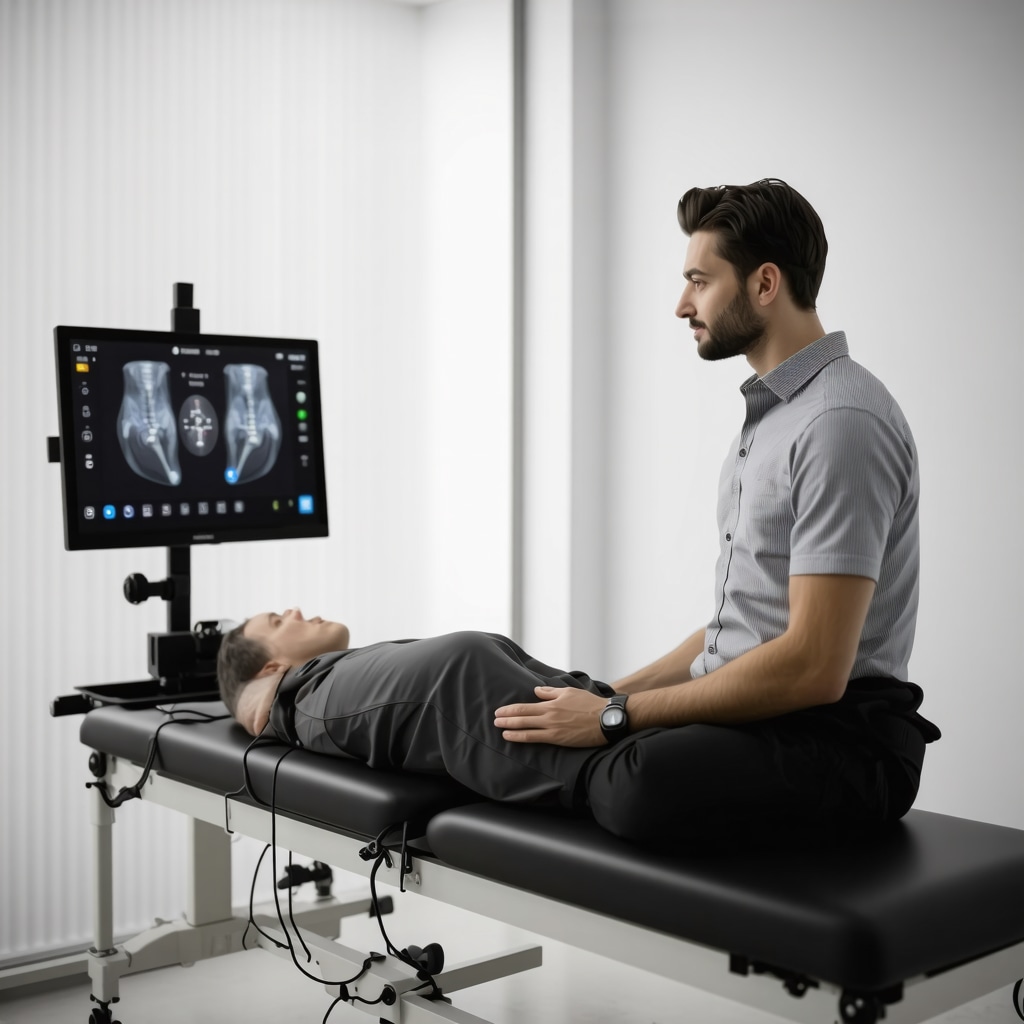 Patient using wearable sensors for spine surgery recovery with remote therapist guidance