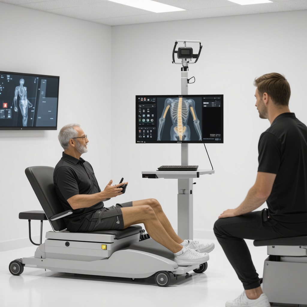 Patient using tele-rehabilitation and wearable sensors in a modern spinal surgery recovery clinic in New Jersey