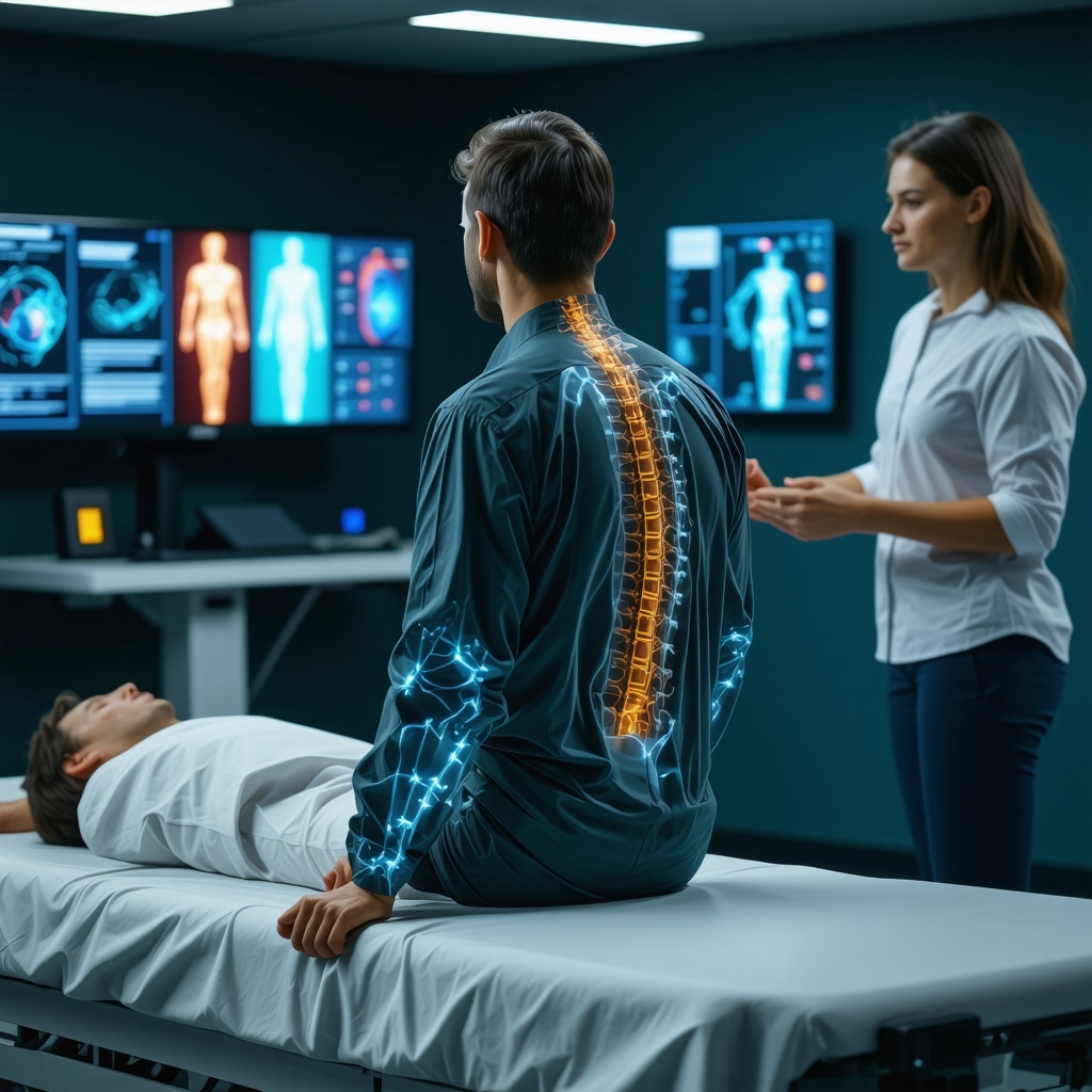 Patient using wearable biosensors for spine surgery rehab with AI data visualization on screen