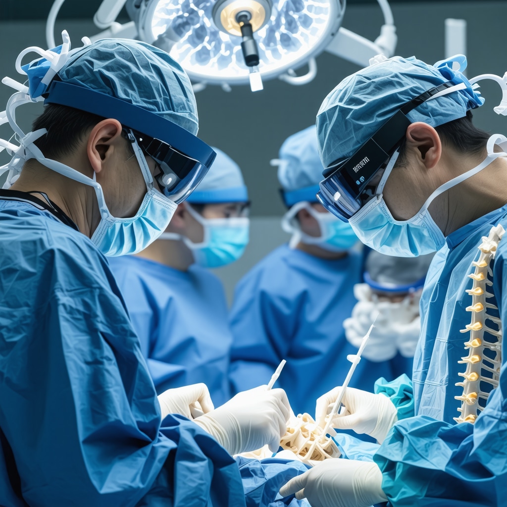 Surgeon performing spine surgery with augmented reality and AI guidance showing 3D spinal anatomy