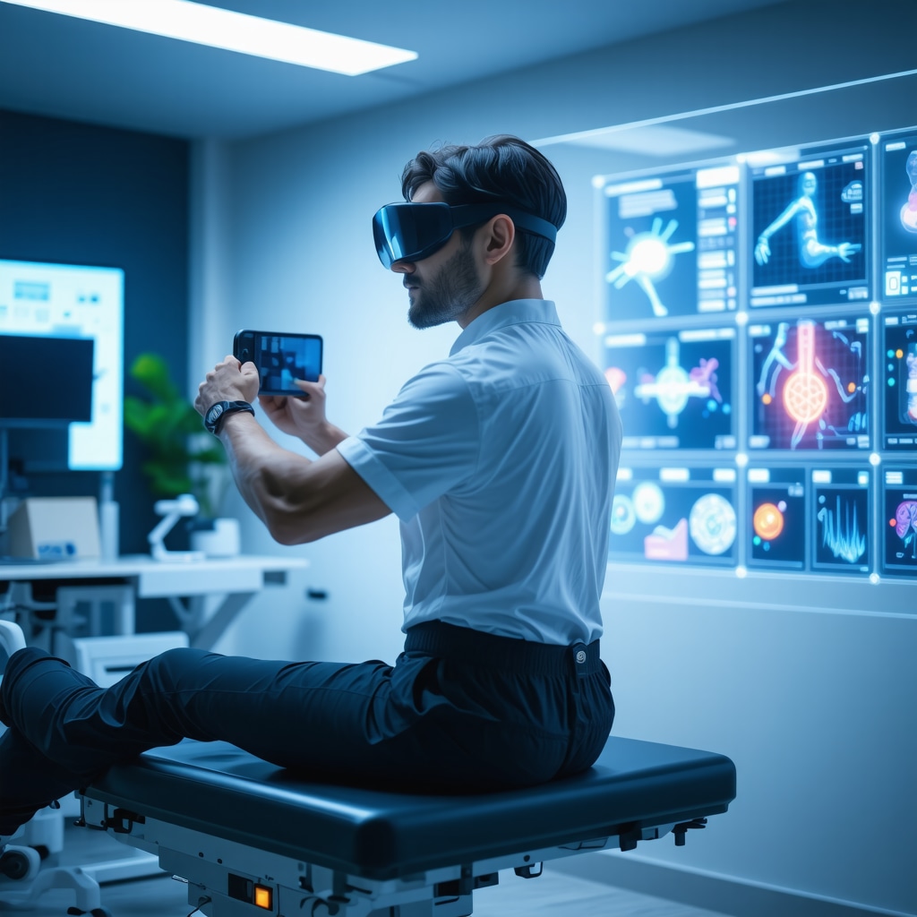 Patient using AR glasses with biomarker data overlay in advanced spine rehabilitation clinic