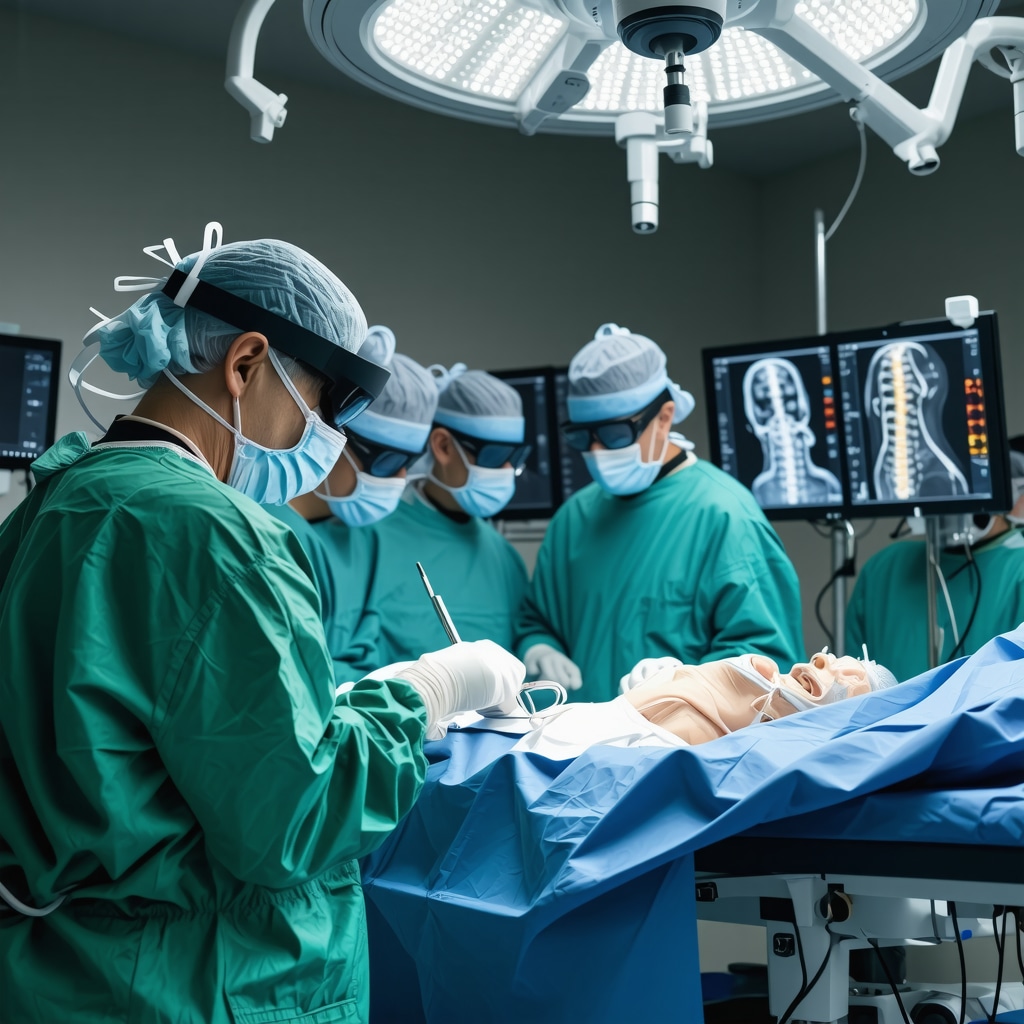 Spine surgeon performing complex surgery using augmented reality and robotic tools with 3D spinal images in a modern operating room