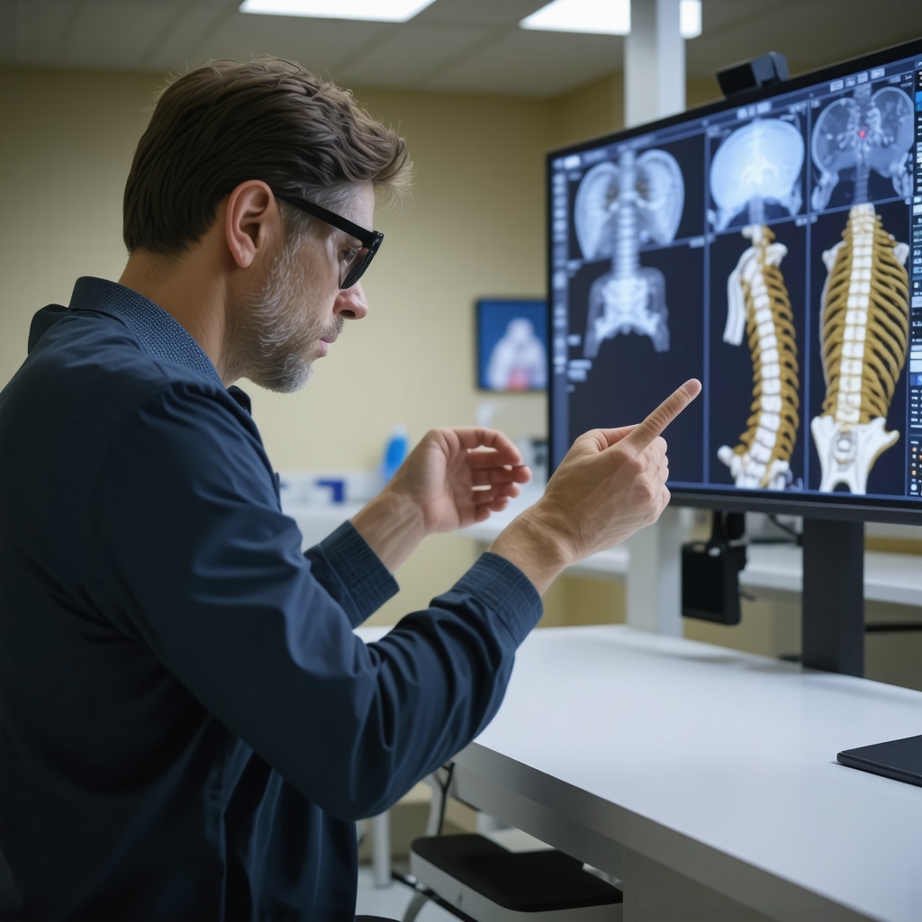 Patient and spine surgeon discussing AI-assisted surgical planning using augmented reality