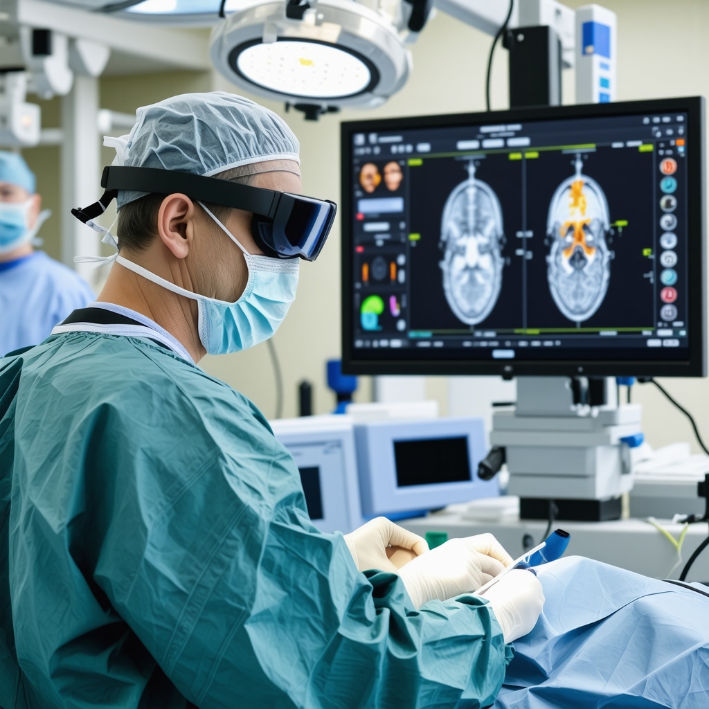 Surgeon performing microdiscectomy using augmented reality and neuromonitoring with telemedicine technology