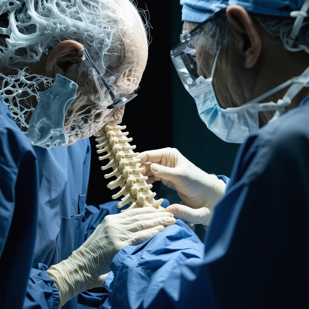 Surgeon using augmented reality to navigate elderly spine anatomy during surgery
