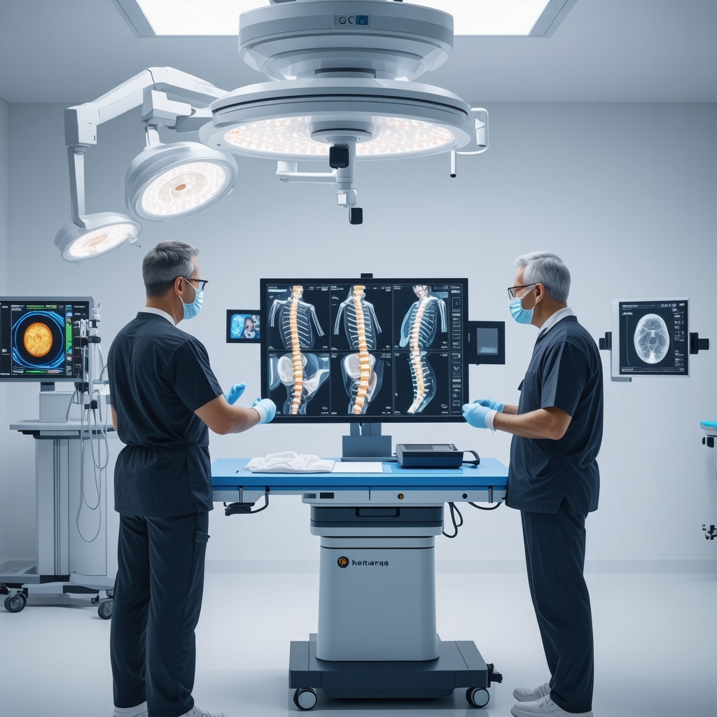 Orthopedic surgeon and neurosurgeon collaborating in a surgical suite using advanced 3D spine imaging technology