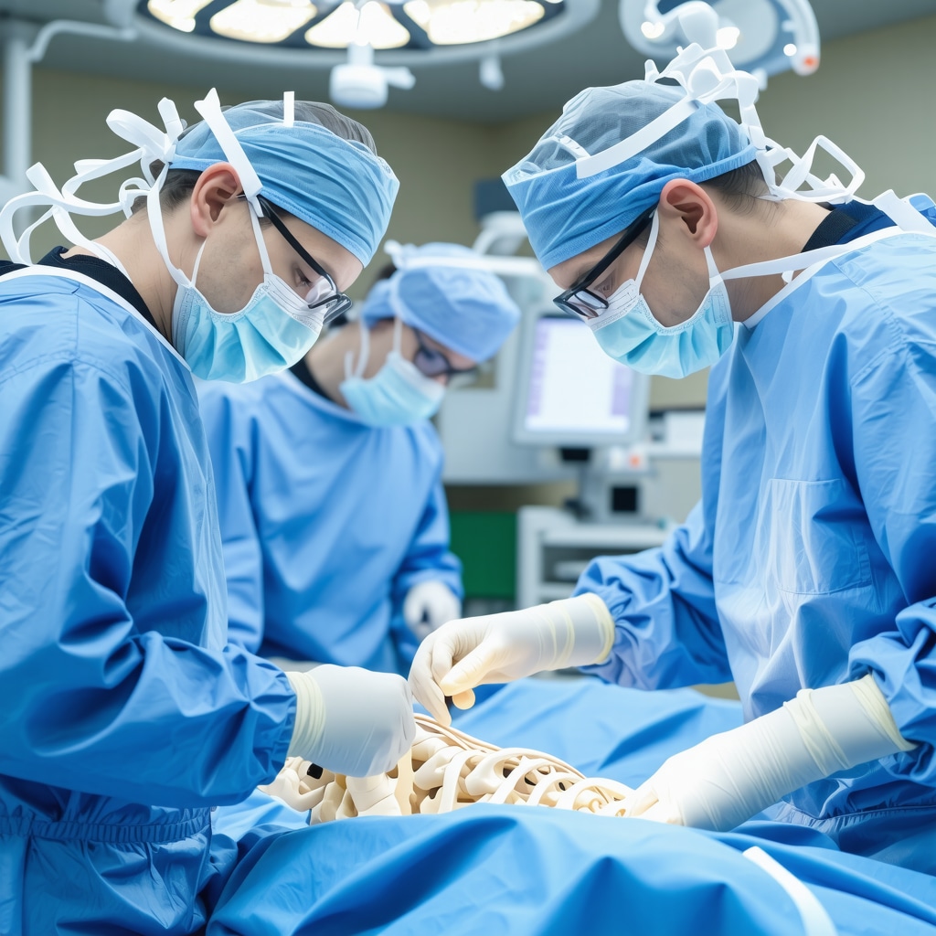 Orthopedic surgeon and neurosurgeon collaborating during robotic-assisted spine surgery