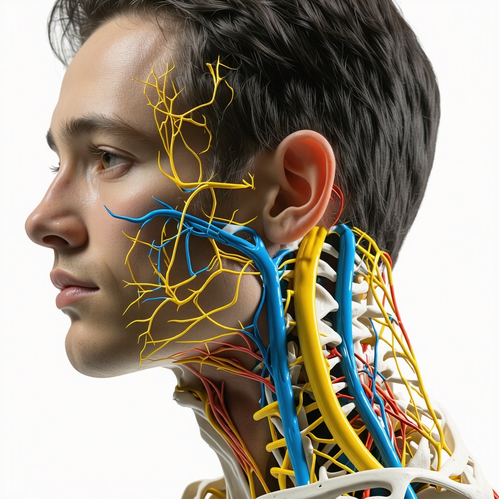 Color-coded diffusion tensor imaging scan depicting nerve fiber tracts in the cervical spine