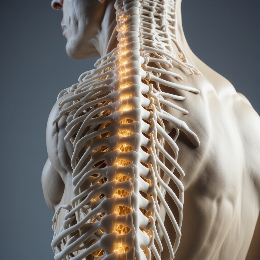 3D illustration of spinal biomechanics and neurorehabilitation technology for athletes