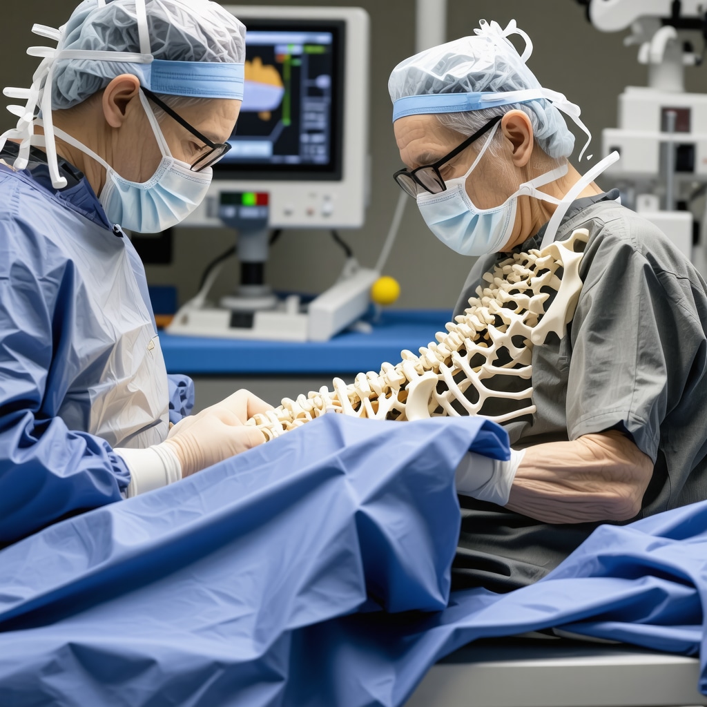 Senior patient in surgical suite receiving minimally invasive spine surgery guided by 3D imaging technology