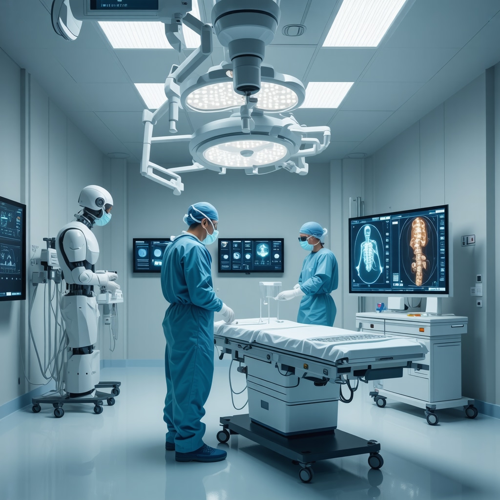 Surgeon performing spinal fusion surgery with AI robotic assistance and genomic data displays