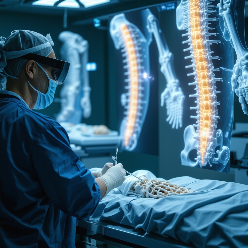 Spine surgeon performing robotic-assisted spinal surgery using augmented reality visualization in a high-tech operating room