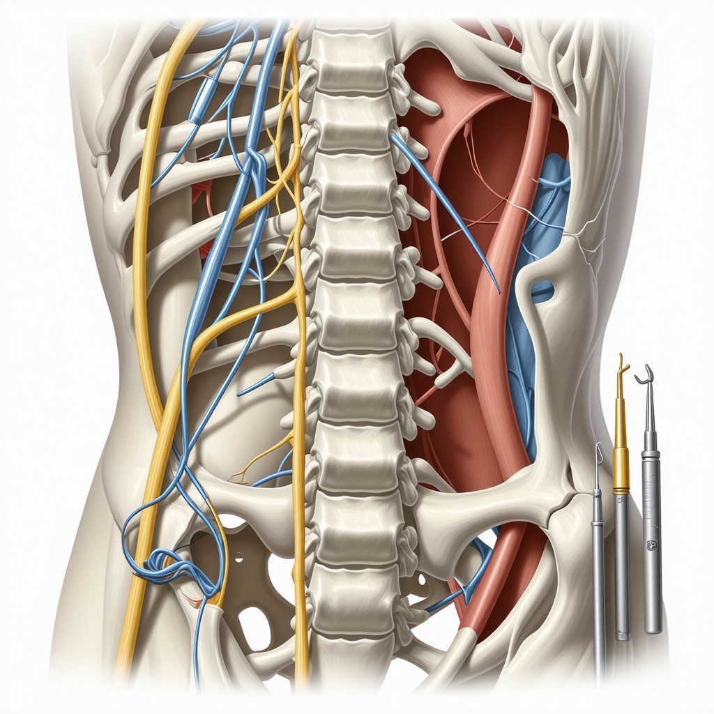 Medical illustration of spine with spinal cord stimulator implant and surgical instruments showing combined treatment