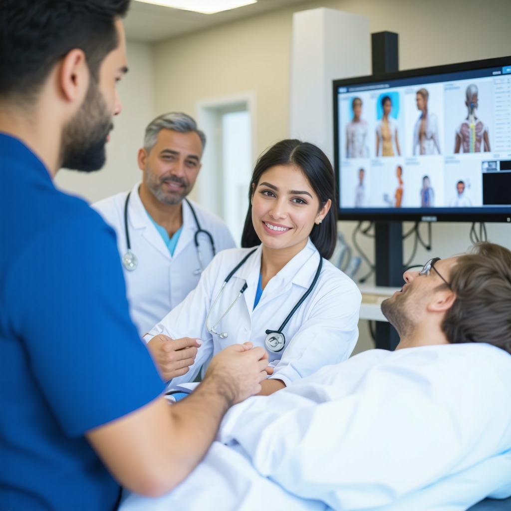 Spine surgeon, physical therapist, and dietitian consulting patient with tele-rehabilitation technology in New Jersey clinic