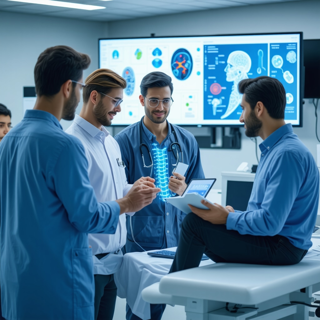 Spine care team collaborating with patient using wearable sensors and neuroplasticity therapy tools in clinic