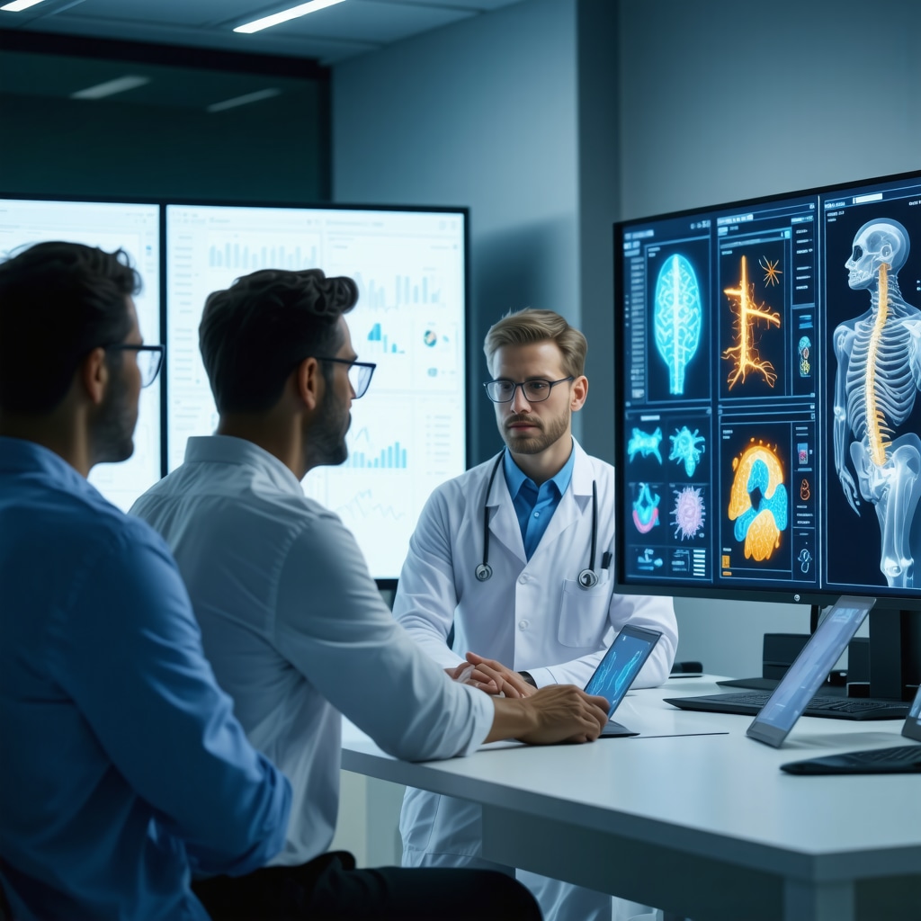 Team of spine surgeons, therapists, and data scientists collaborating with technology for spine surgery recovery