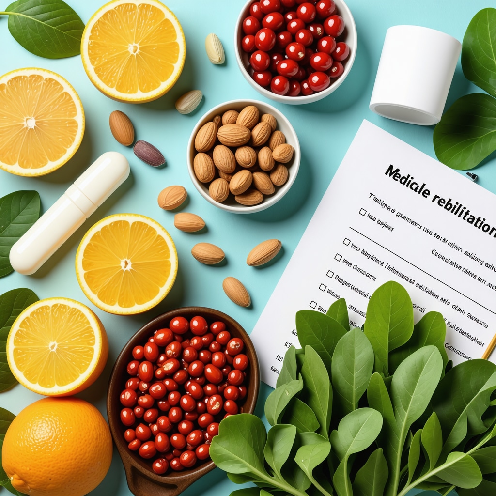 Healthy foods and supplements for spine surgery recovery with rehabilitation materials