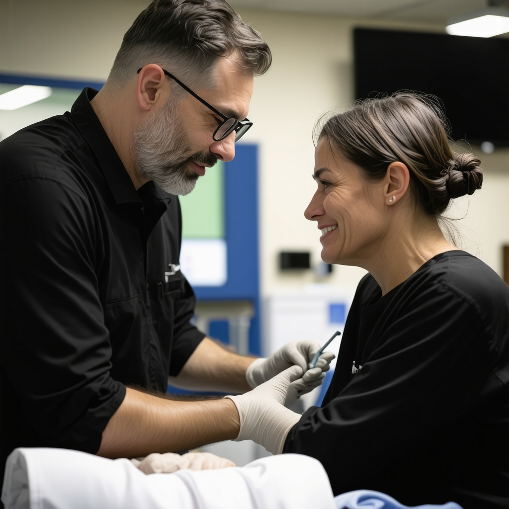 Orthopedic spine surgeon providing personalized consultation to a patient in a modern clinic