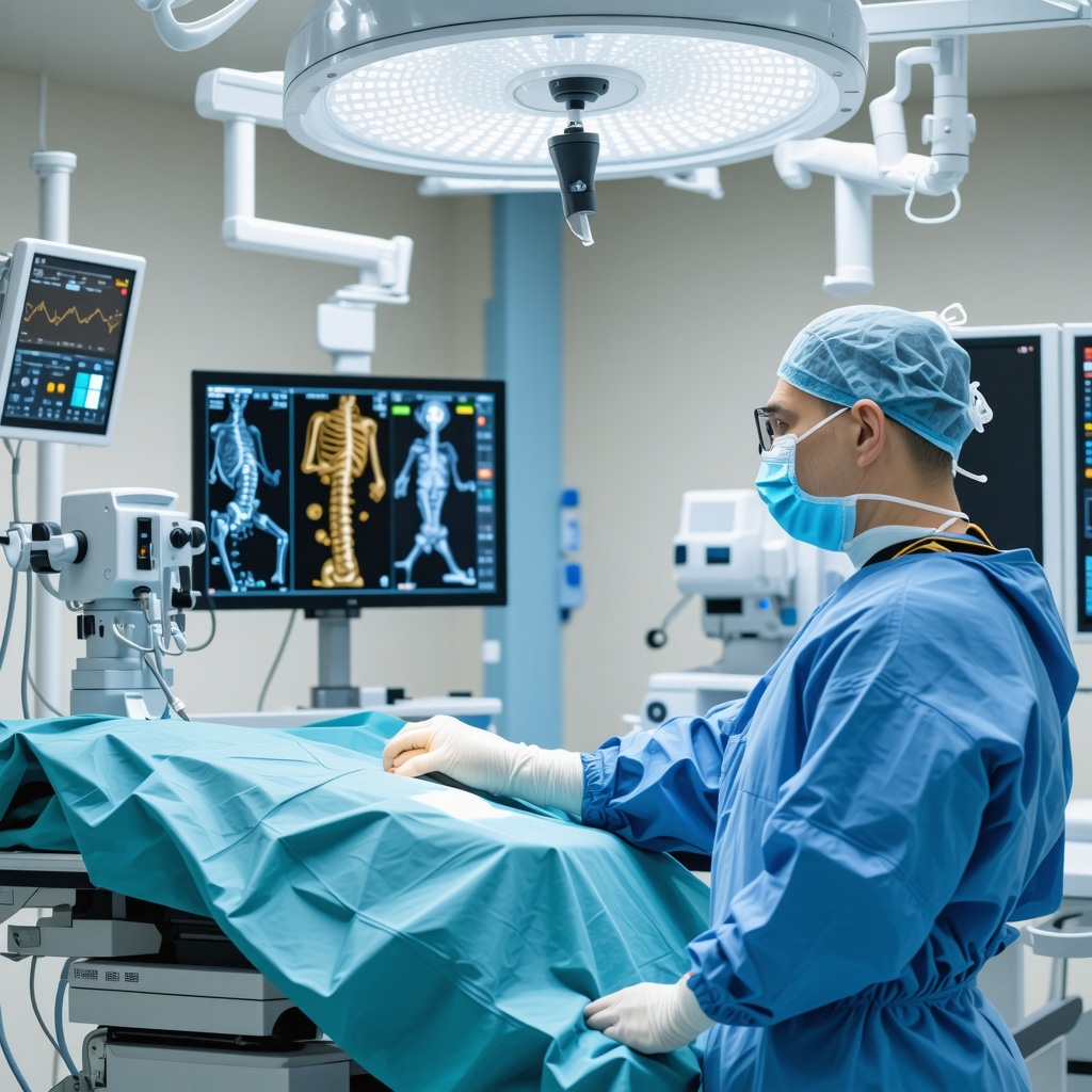 Spine surgeon performing robotic-assisted minimally invasive spine surgery using 3D navigation technology