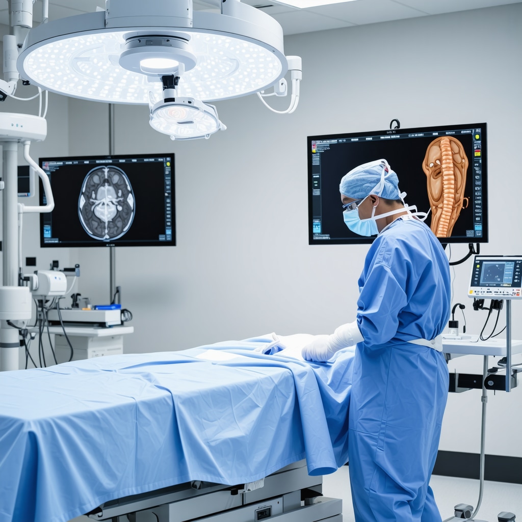 Spine surgeon performing robotic-assisted minimally invasive surgery using 3D navigation technology