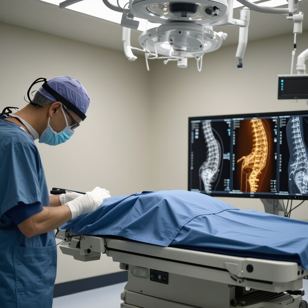 Surgeon performing robotic-assisted spinal decompression surgery with 3D imaging screens