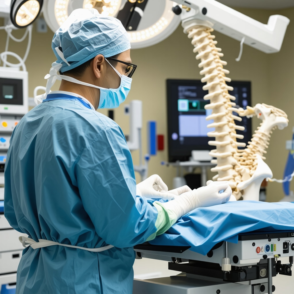 Spine surgeon operating with robotic assistance and 3D printed spinal implants in a modern Bergen County surgical suite