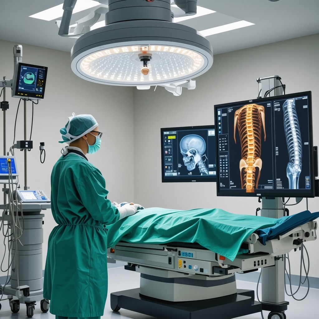 Surgeon performing robotic-assisted spine surgery with 3D imaging in operating room