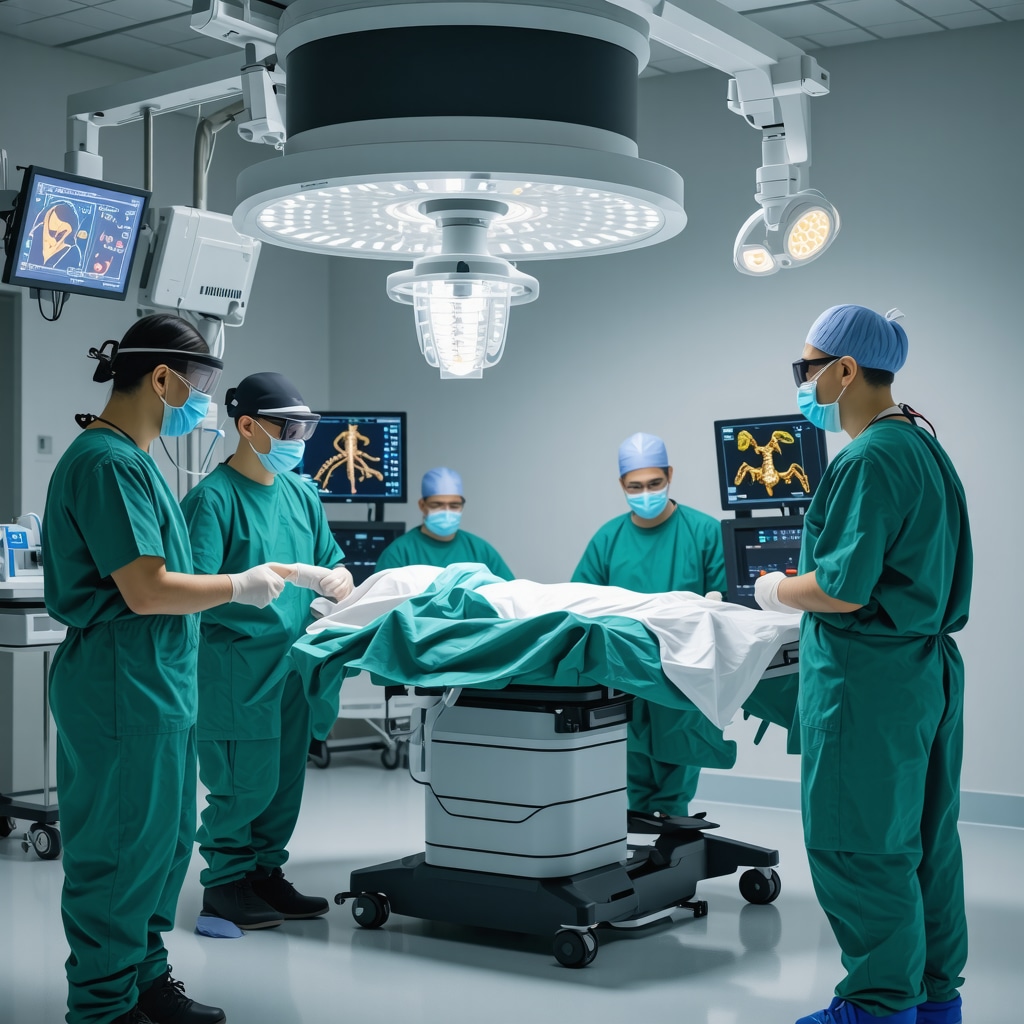 Surgeons performing robotic-assisted spine surgery using augmented reality navigation in a modern operating room