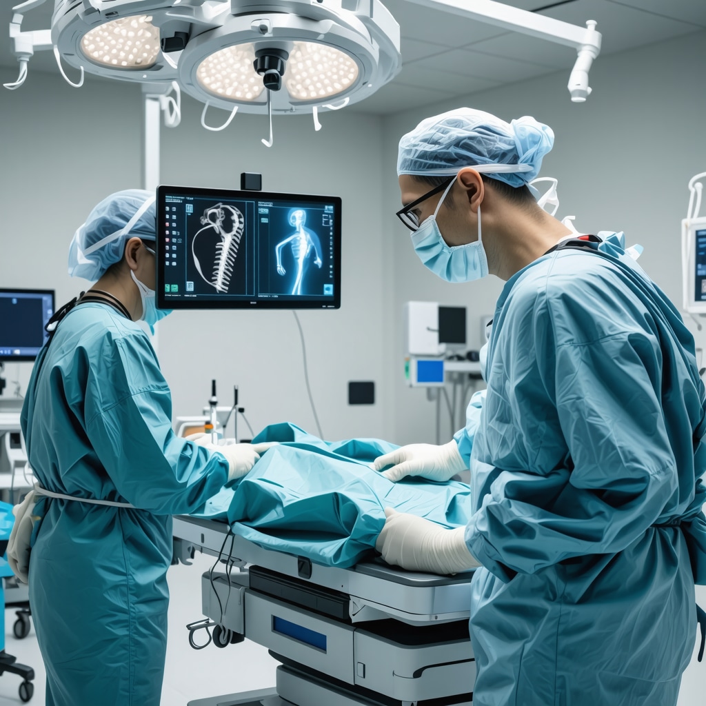 Surgeon performing robotic-assisted spine surgery with AR 3D spinal anatomy overlay