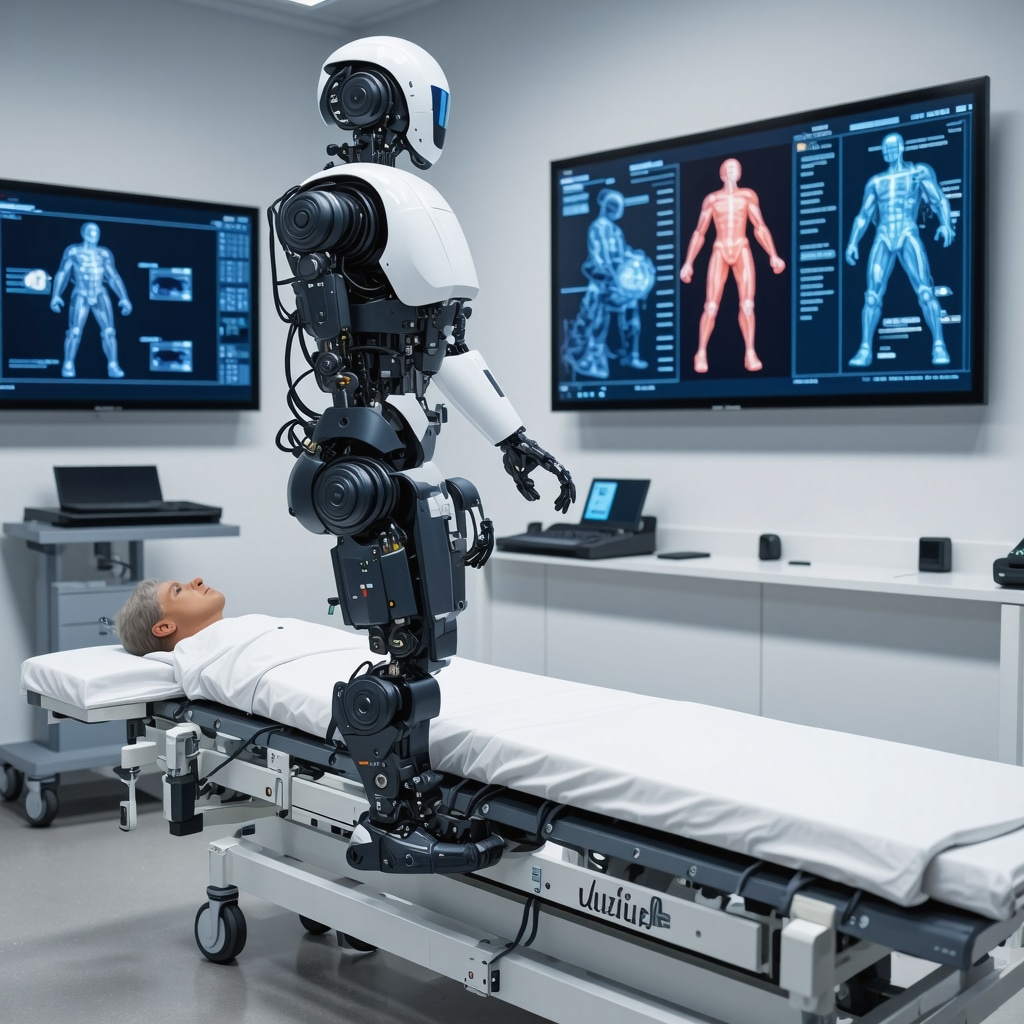 Patient undergoing spinal stenosis surgery rehabilitation using robotic exoskeleton and AI monitoring