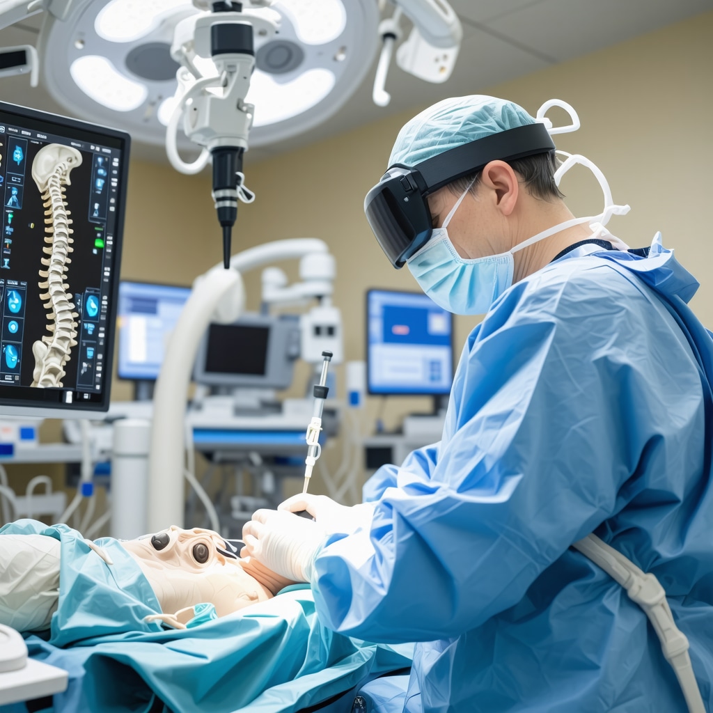 Surgeon operating robotic spine surgery system with augmented reality navigation in New Jersey hospital