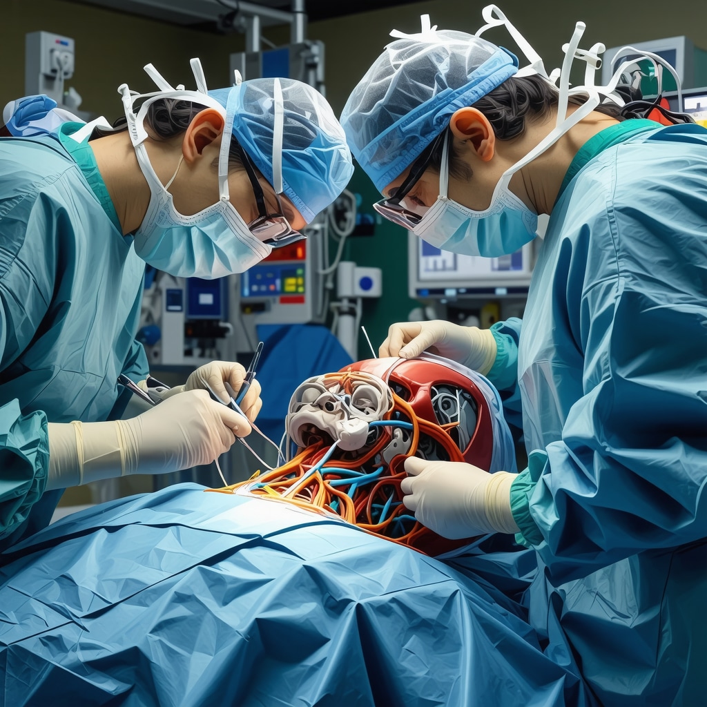Illustration of robotic-assisted microdiscectomy surgery with neuromonitoring equipment in operating room