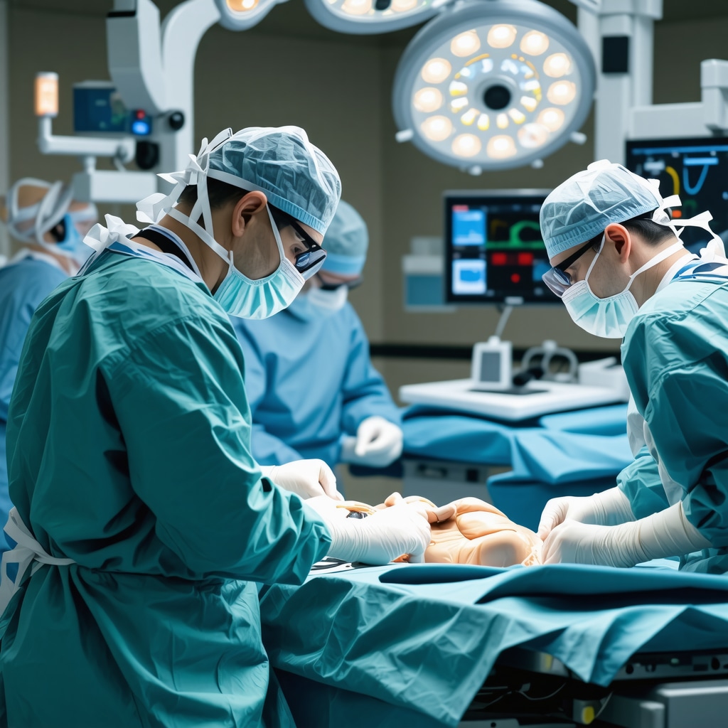 Surgeon performing microdiscectomy with robotic assistance and augmented reality technology in a modern surgical suite