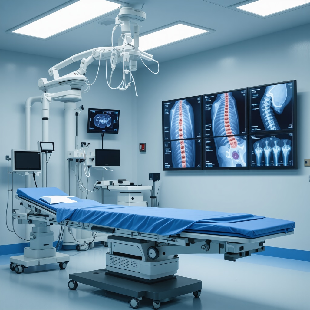 Robotic spinal fusion surgery setup with 3D printed spine models and AI data screens